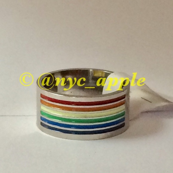 Stainless Steel Striped Rainbow Pride Ring - Picture 2 of 7